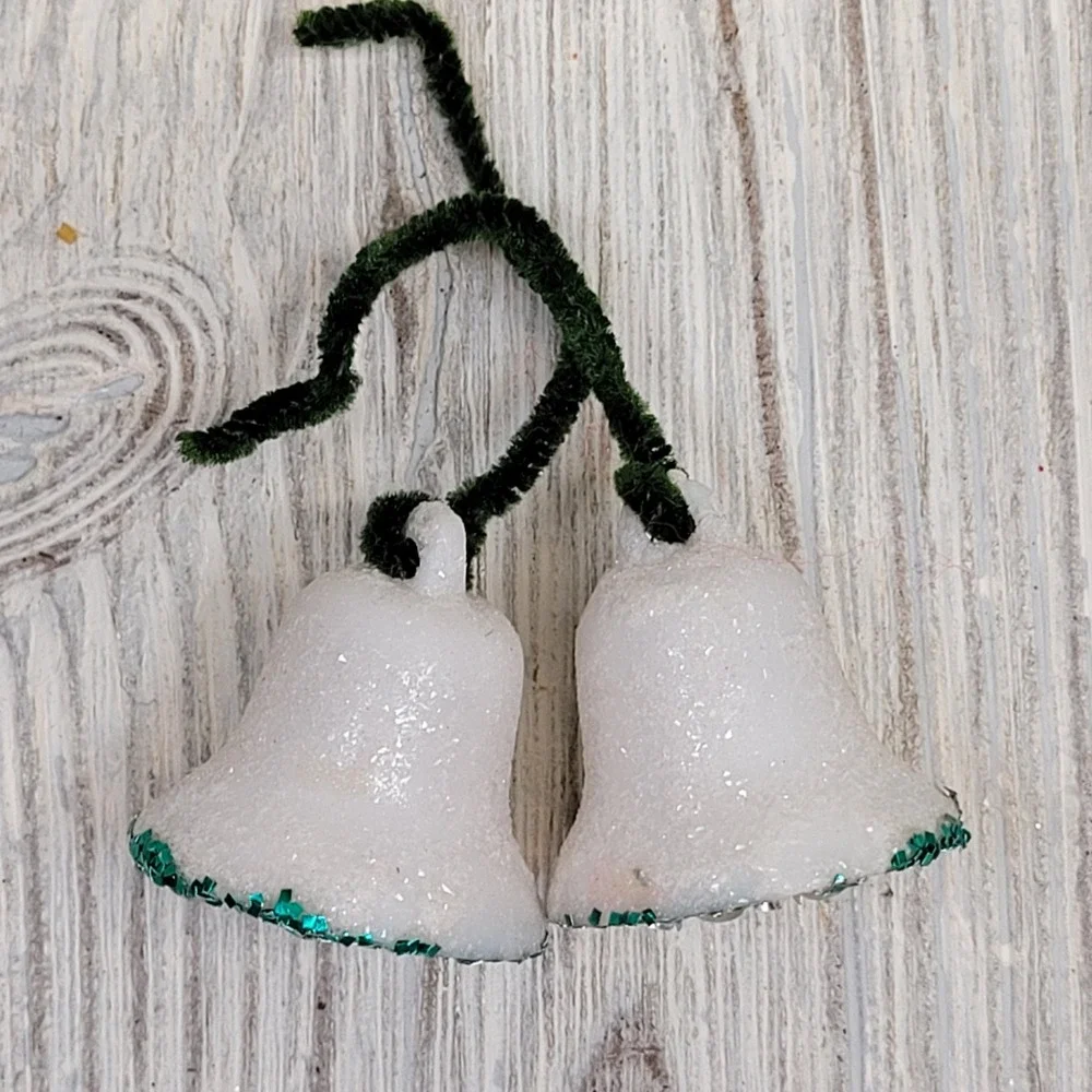 2 Green Glitter Sugar White Bells Insert Pipe Cleaner‎ Christmas Tree Ornament